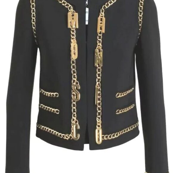 Moschino Black Jacket Gold Chain Logo LetterS TRIM Couture Italian IT40 USA 6 - Picture 3 of 13